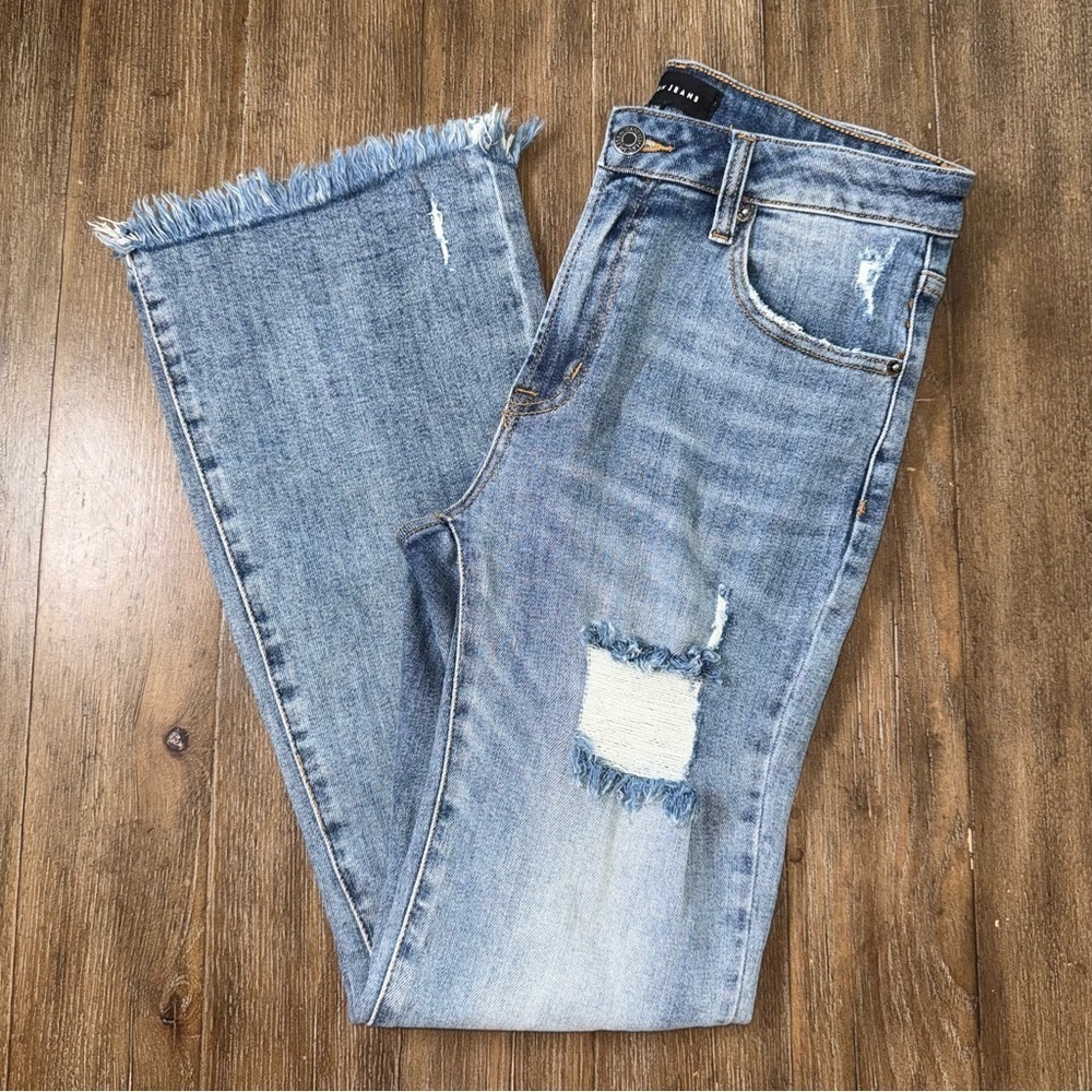 Risen High Rise Flare Jeans Frayed Hem Blue - Picture 2 of 11